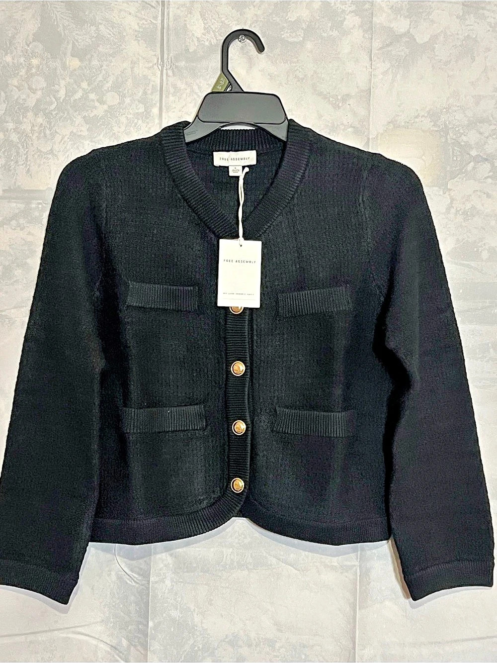 NWT Free Assembly Black Textured Knit Cardigan Sweater Size S Gold Buttons